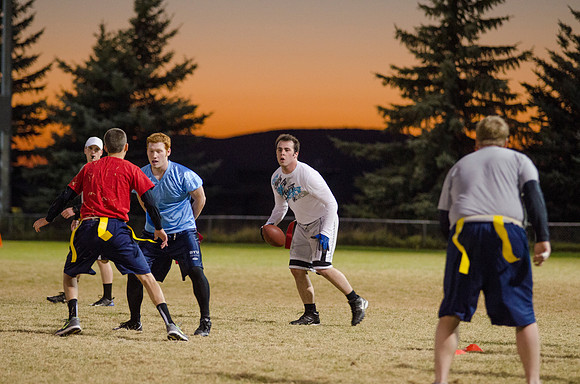 BYU-Idaho students play flag football with the rec sports program on BYU-Idaho campus