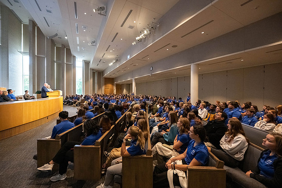 President and Sister Meredith with student volunteers and mentors who help with Get Connected, New Student Orientation.