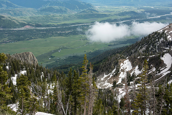 Jackson Hole Ski area. Scouting out Rock Spring Buttress for video shoot. Views from the top of the Ski Resort via the Aerial Tram