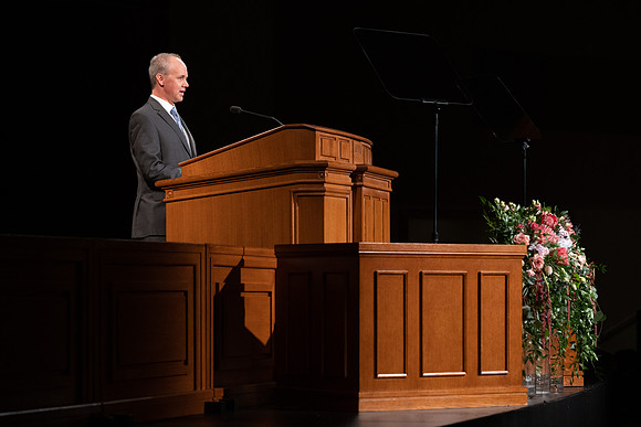 Robert Tueller of the Music Department records his devotional talk.