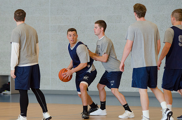 BYU-Idaho students playing basketball at the I-Center on campus