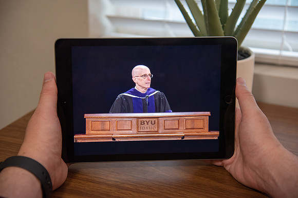A BYU-Idaho Student watching President Henry J. Eyring during the Spring Graduation Live Stream.
