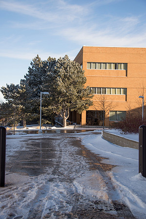 Campus after a light snow fall on a winter morning.