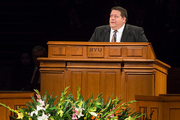 Kevin Price, of Human Resources at Brigham Young University-Idaho, speaks to students in the last devotional of the Winter 2014 semester.