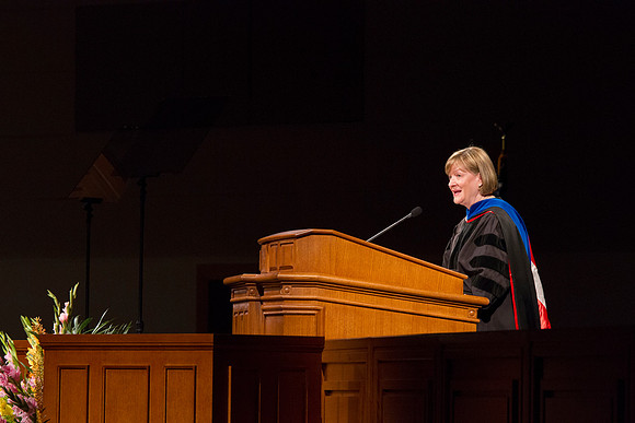 Sister Bonnie L. Oscarson, Young Women General President addresses 2014 Spring Semester Graduates during commencement in the I-Center. Photo by Tyler Rickenbach