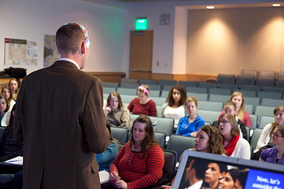 Brother Michael Madsen teaches his early morning Geography For Elementary Teachers class in the Ricks Building.