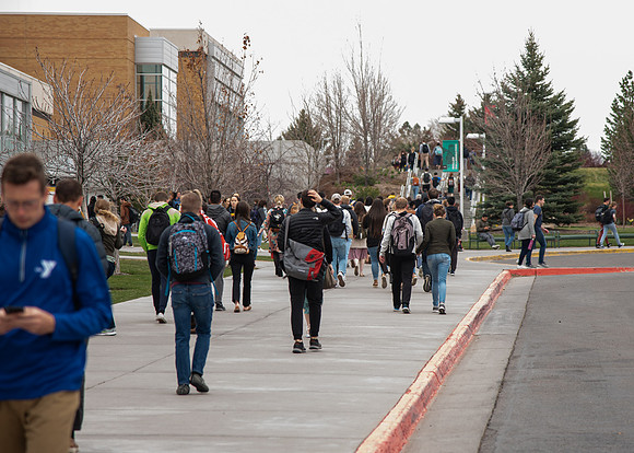 Students leaving devotional.