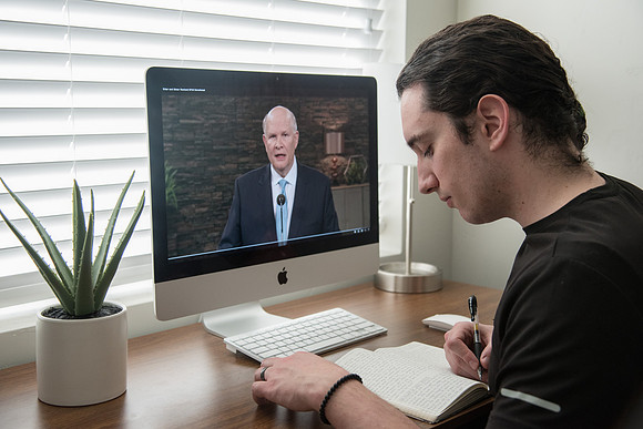 BYU-Idaho student tuning in to the Devotional via Livestream due to COVID-19 Guest Speakers Elder and Sister Renlund. Spring Semester