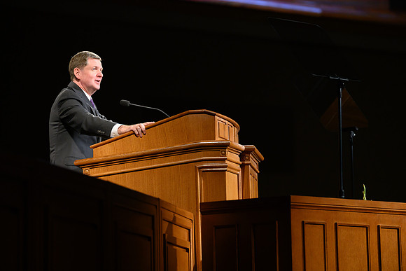 Elder James R Rasband of the Quorum of the Seventy speaks at devotional in the BYU-Idaho Center.