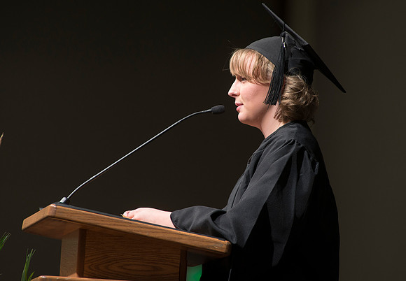 College of Language and Letters Convocation in the Manwaring Center Ballroom. Scripture reading by Brianne Dayley, an English graduate.
