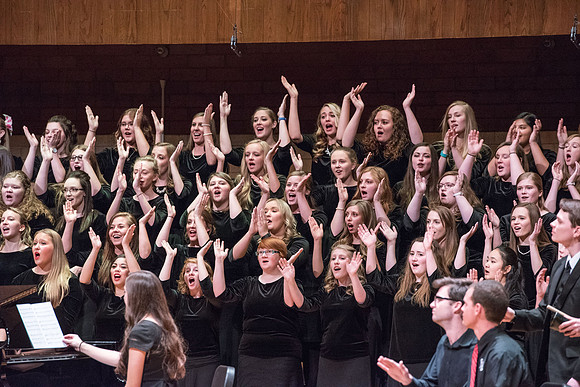 The Brigham Young University-Idaho choirs and ensembles perform in a concert together.