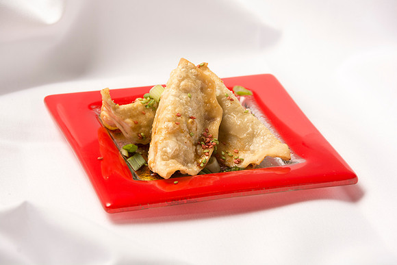 Served with soy sauce and stuffed with savory meat and vegtables.