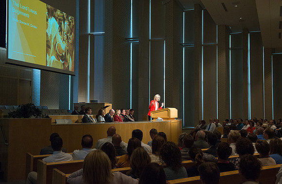 Sister Bonnie Cordon in the General Young Women's Presidency addresses Employees gathered in the Taylor Chapel.