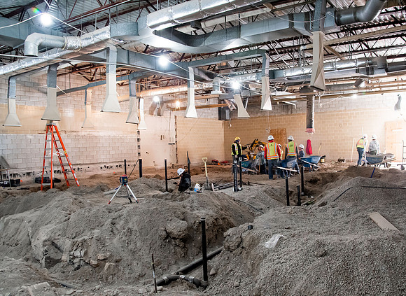 Construction in the BYUI Hart building main gym, locker rooms, and racquetball courts.