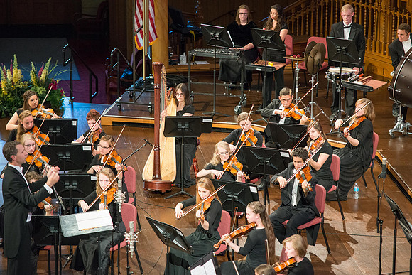 Students of Brigham Young University-Idaho play in the tabernacle for this year's Sacred Music Concert. Photo by Ryan Chase