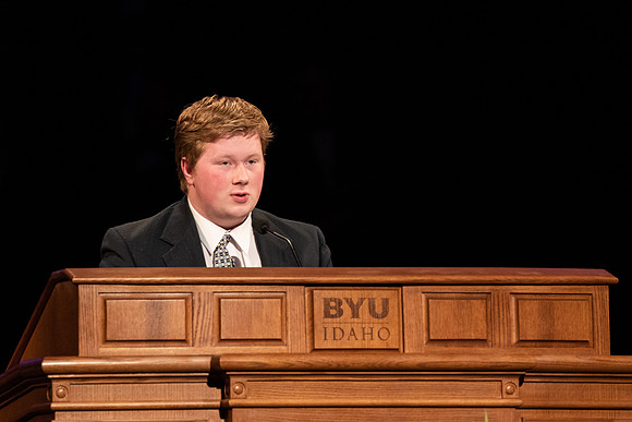 BYU-Idaho Devotional. Student sharing a Scripture. Winter Semester