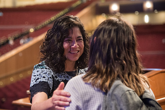 BYU-Idaho Devotional. Guest Speaker Reyna Aburto, Second Counselor in the General Relief Society, greeting the students after her talk. Spring Semester.