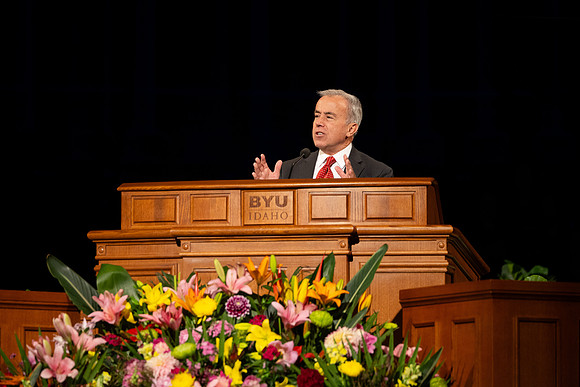 Sister Andrea Muñoz Spannaus and her husband Alin Spannaus speak to students at BYU-Idaho.