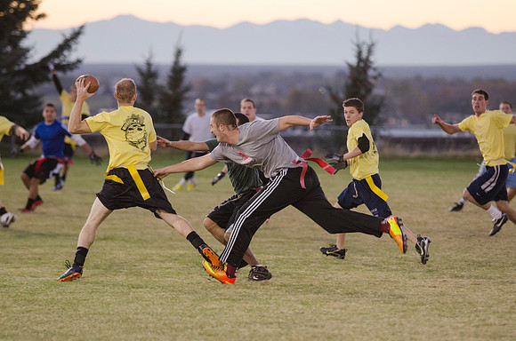 BYU-Idaho students play flag football with the rec sports program on BYU-Idaho campus