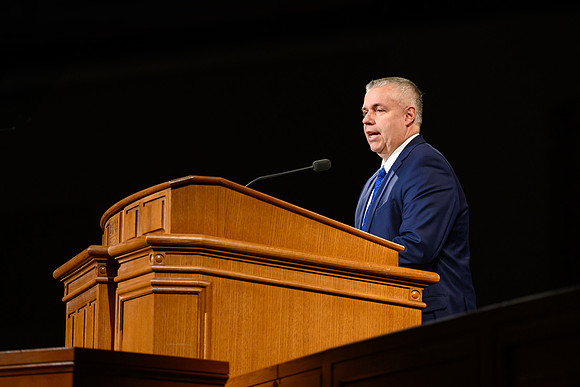 Todd Blanchard speaks during devotional, held in the BYU-Idaho Center.