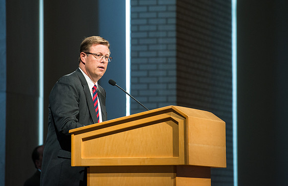 President Clark G Gilbert addresses employees in an all employee meeting. Sept 2016.