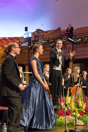 The Brigham Young University-Idaho choir and orchestra take their bows at the end of the sacred music concert. Photo by Ryan Chase