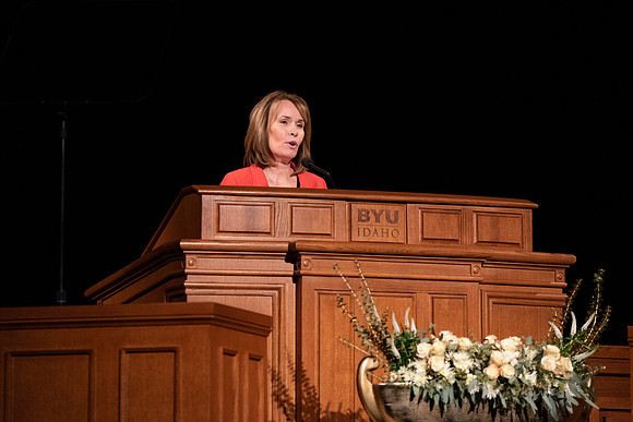 Amanda Kingsford speaks in devotional to an empty auditorium due to Covid-19 restrictions.