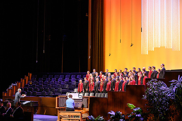 The choir performs during devotional, held in the BYU-Idaho Center.