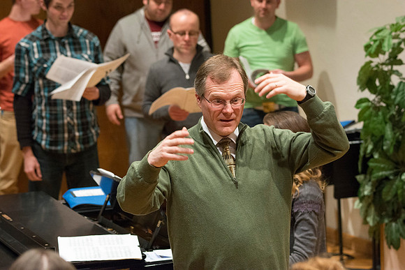 Randall Kempton instructs the talented students who make up the Collegiate Singers at BYU-Idaho.