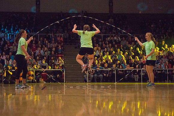Brigham Young University-Idaho students, faculty and guests participate in the annual slam dunk competition held in the Hart Gym. Events included are the three-point shoot-out, a Spirit team performan