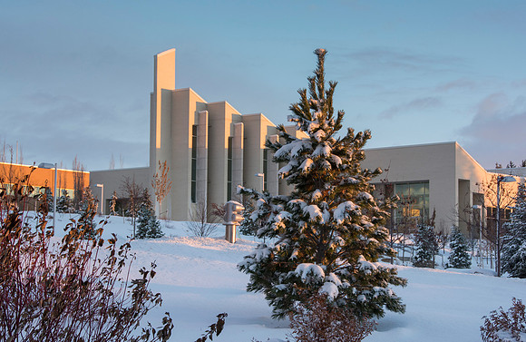 BYU-Idaho John Taylor Building; campus after a winter storm.