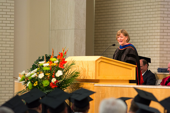 Young Womens General President, Bonnie L. Oscarson, speaks at the convocation ceremony for the College of Physical Sciences and Engineering held in the Taylor Chapel. Photo by Ryan Chase