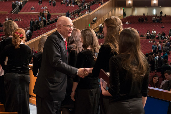 Elder Oaks takes time after devotional to shake hands with students. BYU-Idaho, photos by Michael Lewis