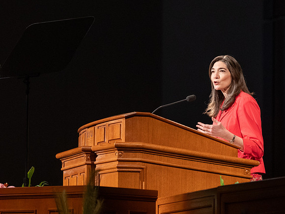 Sister Andrea Muñoz Spannaus and her husband Alin Spannaus speak to students at BYU-Idaho.