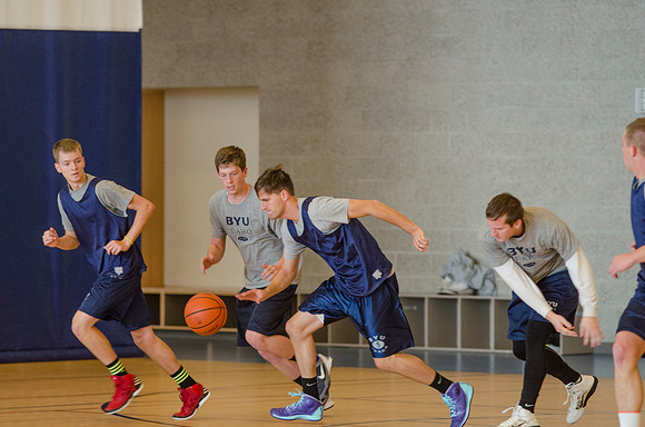 BYU-Idaho students playing basketball at the I-Center on campus
