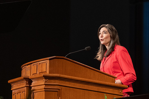 Sister Andrea Muñoz Spannaus and her husband Alin Spannaus speak to students at BYU-Idaho.