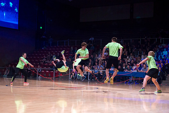 Brigham Young University-Idaho students, faculty and guests participate in the annual slam dunk competition held in the Hart Gym. Events included are the three-point shoot-out, a Spirit team performan