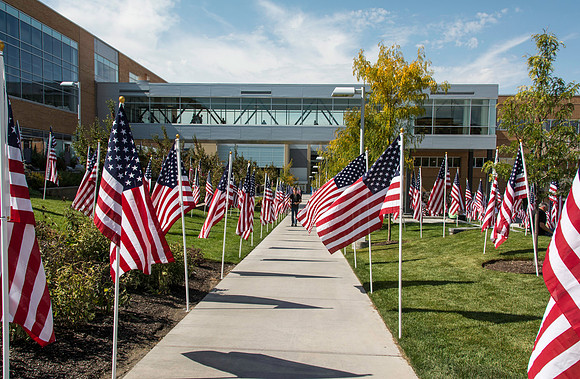 Flags on display in the Central Quad celebrate Constitution Day. "Remembering the brave men and women who gave so much for our Independance and the freedoms we now enjoy."