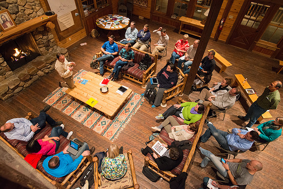 Retreat for teachers at the Sky Mountain Lodge in Victor, Idaho. Participants share a favorite book.