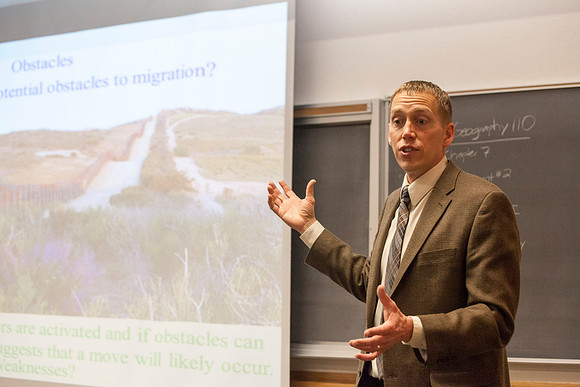Brother Michael Madsen teaches his early morning Geography For Elementary Teachers class in the Ricks Building.