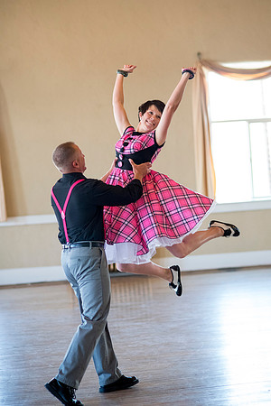 Adam and Jennifer Anderson dancing at the Woodman Ballroom for Online Recruiting marketing material.