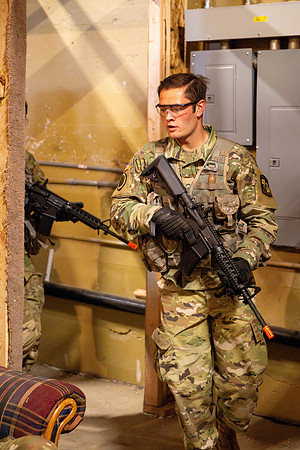 ROTC practices military tatics in an Advantage Airsoft facility.