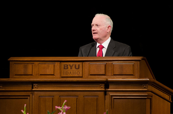 President Kim B. Clark speaks to students after anouncement of new BYU-Idaho President, Clark G. Gilbert. Photo by Katelyn Crompton