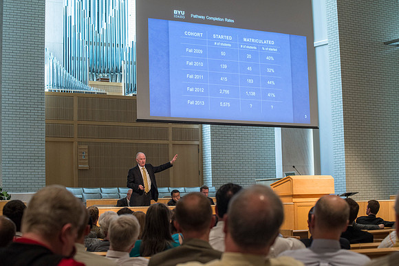 Employees gather in the Taylor Chapel for an All Employee Meeting where President Clark talked about the growth and future of Pathway and Online Learning.