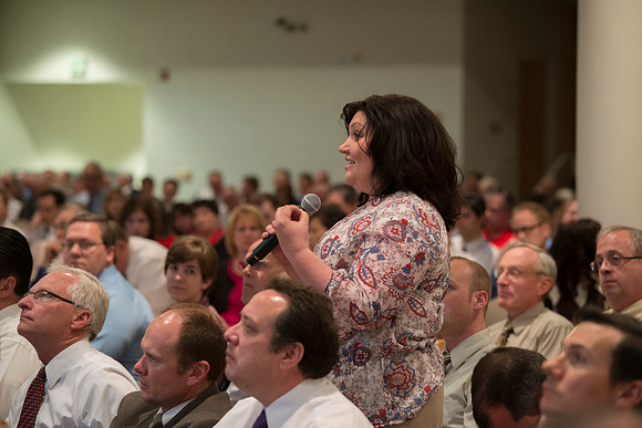 Employees gather in the Taylor Chapel for an All Employee Meeting where President Clark talked about the growth and future of Pathway and Online Learning.