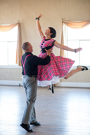 Adam and Jennifer Anderson dancing at the Woodman Ballroom for Online Recruiting marketing material.