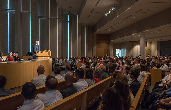President Henry J Eyring speaks to BYU-Idaho Employees gathered for a meeting in the Taylor Chapel.