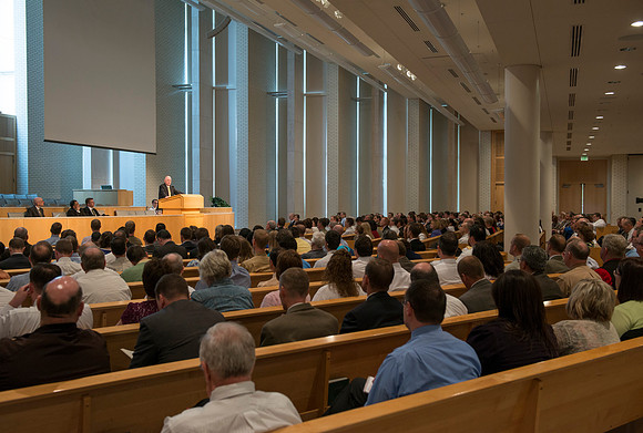 Employees gather in the Taylor Chapel for an All Employee Meeting where President Clark talked about the growth and future of Pathway and Online Learning.