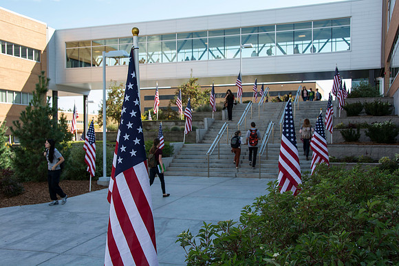Flags on display in the Central Quad celebrate Constitution Day. "Remembering the brave men and women who gave so much for our Independance and the freedoms we now enjoy."