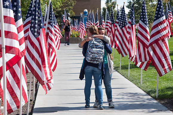 500 flags displayed in the Central Quad on Constitution Day.